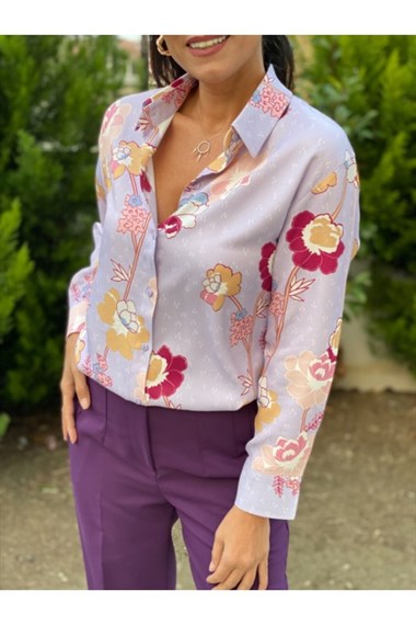 Lila Çiçekli Saten Gömlek