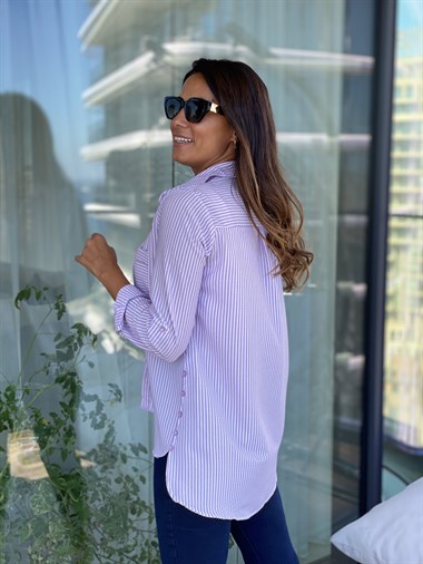 Lila Çizgili Gofre Kadın Gömlek