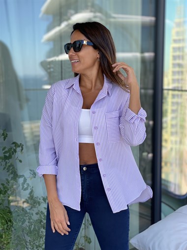 Lila Çizgili Gofre Kadın Gömlek