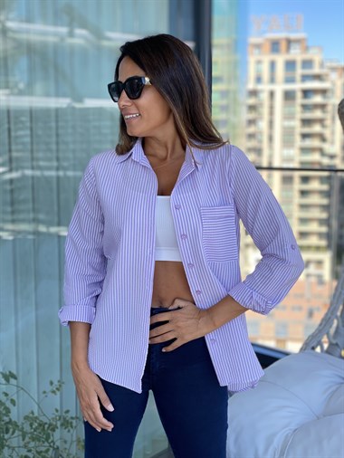 Lila Çizgili Gofre Kadın Gömlek