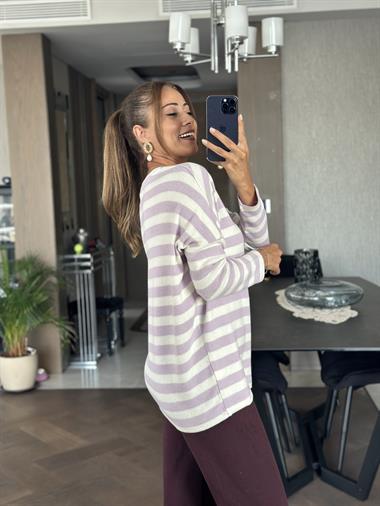Lila Çizgili V Yaka Uzun Kol Yumoş Kadın Bluz