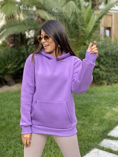Lila Kapüşonlu Üç İplik Kanguru Cep Kadın Sweatshirt