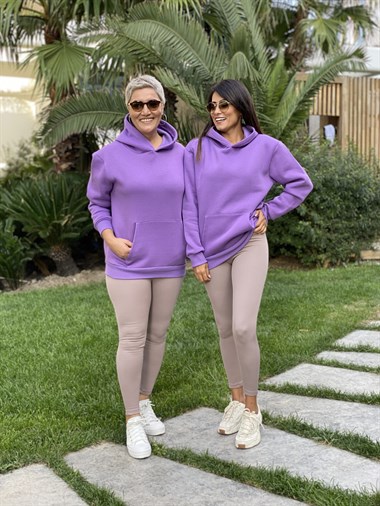 Lila Kapüşonlu Üç İplik Kanguru Cep Kadın Sweatshirt