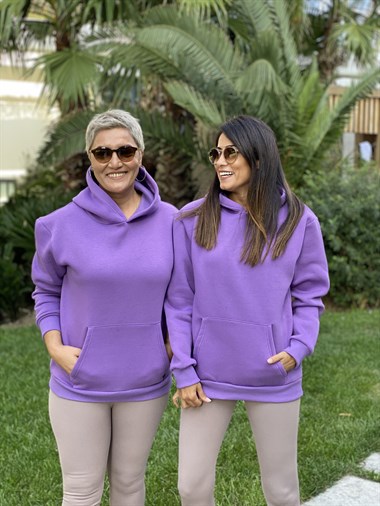 Lila Kapüşonlu Üç İplik Kanguru Cep Kadın Sweatshirt