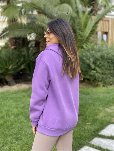 Lila Kapüşonlu Üç İplik Kanguru Cep Kadın Sweatshirt