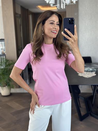 Lila Kısa Kol Bisiklet Yaka Orjinal Marka Basic Kadın T-shirt