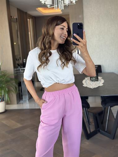 Lila Paçası Dikiş Detay Beli Lastikli Cepli Keten Kadın Pantolon