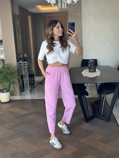 Lila Paçası Dikiş Detay Beli Lastikli Cepli Keten Kadın Pantolon