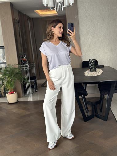 Lila Sim Çizgili V Yaka Kısa Yarasa Kol Basic Kadın T-Shirt