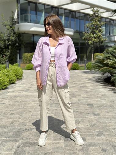 Lila Tek Cepli Oversize Kadın Gömlek