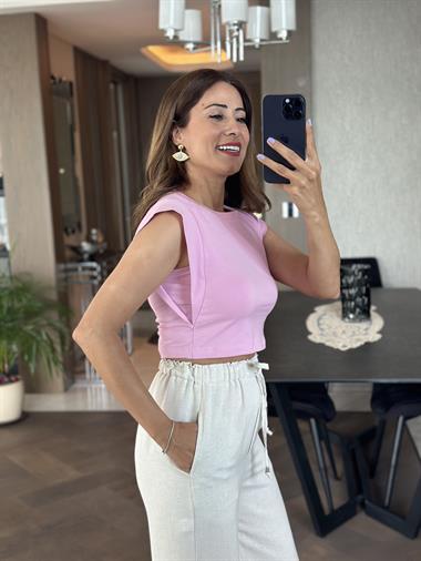 Lila Vatka Görünümlü Sıfır Kol Kadın Crop Body