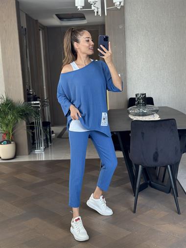 Mavi Armalı Dar Paça Bürümcük Üçlü Kadın Takım