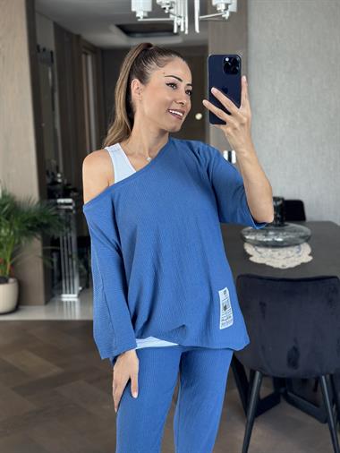 Mavi Armalı Dar Paça Bürümcük Üçlü Kadın Takım