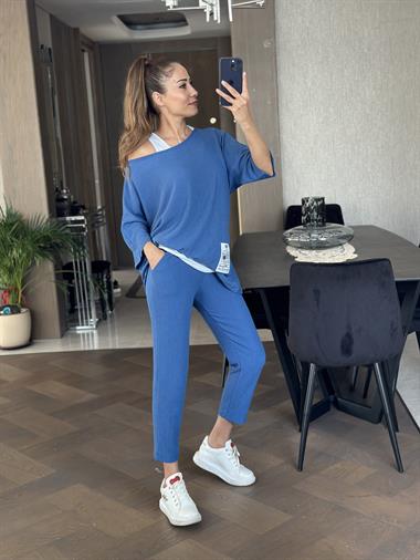Mavi Armalı Dar Paça Bürümcük Üçlü Kadın Takım