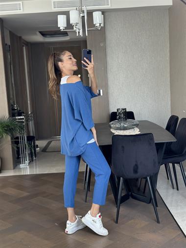 Mavi Armalı Dar Paça Bürümcük Üçlü Kadın Takım