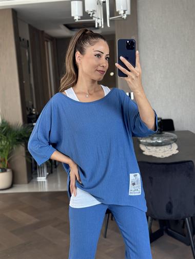 Mavi Armalı Dar Paça Bürümcük Üçlü Kadın Takım