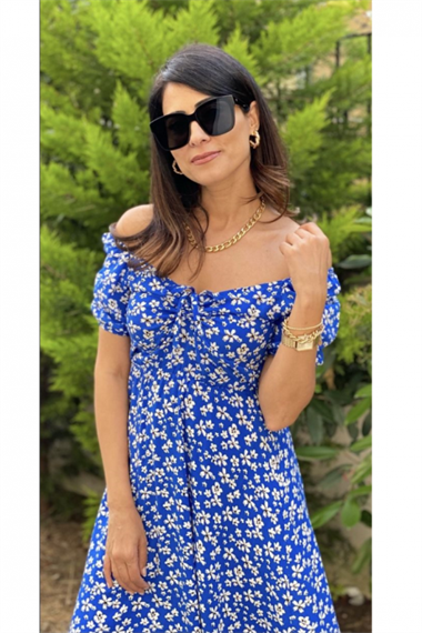Mavi Asansör Yaka Çiçek Elbise