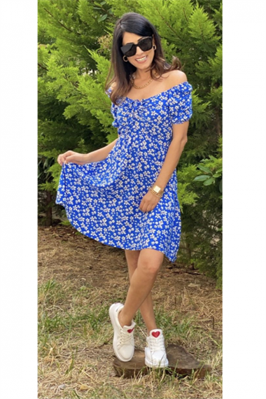 Mavi Asansör Yaka Çiçek Elbise