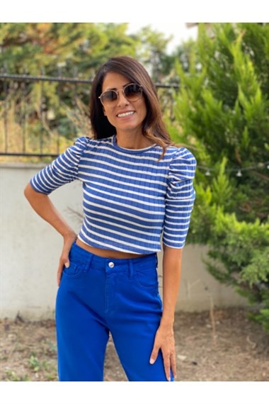 Mavi Beyaz Çizgili Kadın Crop Body