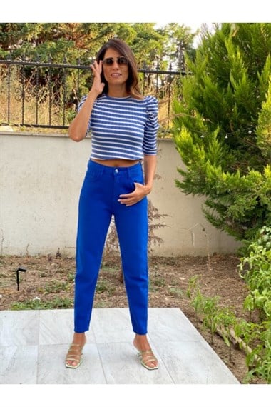 Mavi Beyaz Çizgili Kadın Crop Body