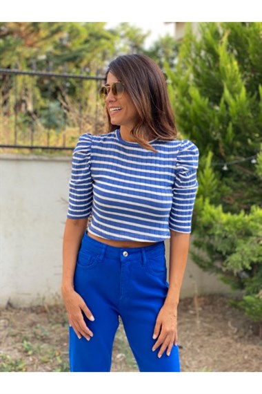Mavi Beyaz Çizgili Kadın Crop Body