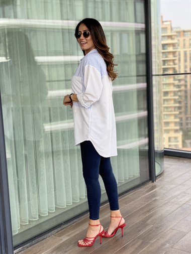 Mavi Beyaz Çizgili Oversize Gömlek