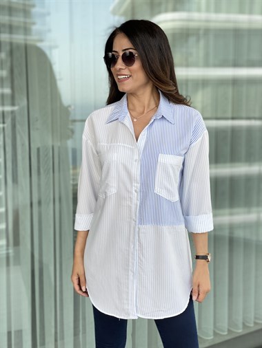 Mavi Beyaz Çizgili Oversize Gömlek
