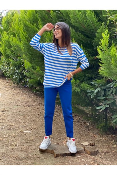 Mavi Bisiklet Yaka Çizgili Merserize Bluz