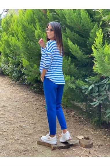 Mavi Bisiklet Yaka Çizgili Merserize Bluz