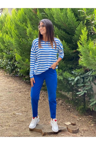 Mavi Bisiklet Yaka Çizgili Merserize Bluz