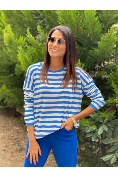 Mavi Bisiklet Yaka Çizgili Merserize Bluz