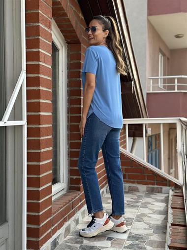 Mavi Bisiklet Yaka Lazer Kesim Modal Kadın T-Shirt