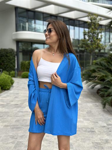 Mavi Bürümcük Kimono Şortlu Kadın İkili Takım