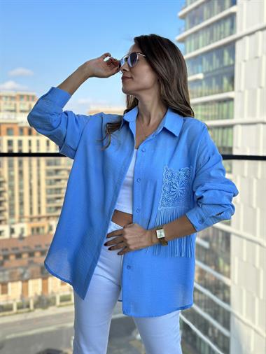 Mavi Cebi Dantel Keten Aerobin Kadın Gömlek