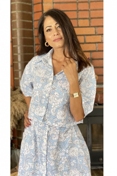 Mavi Çiçek Desen İkili Takım