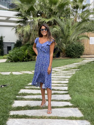 Mavi Çiçek Desen Yaka Volanlı Viskon Kadın Elbise