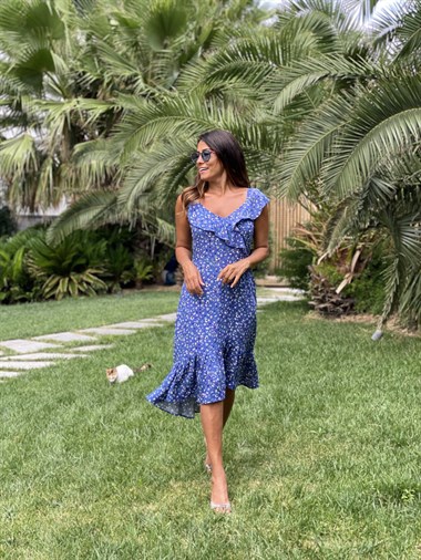 Mavi Çiçek Desen Yaka Volanlı Viskon Kadın Elbise