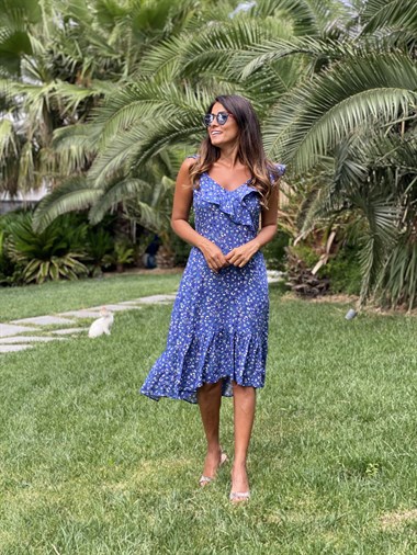 Mavi Çiçek Desen Yaka Volanlı Viskon Kadın Elbise