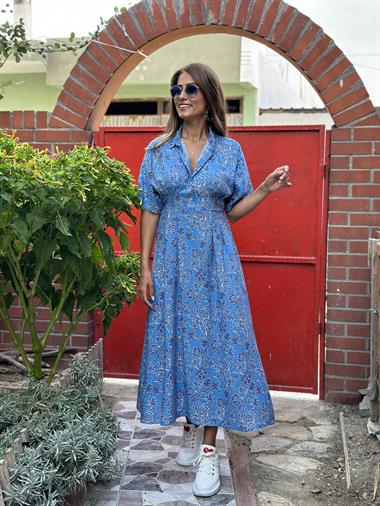 Mavi Çiçek Desenli Arka Bel Lastikli Viskon Kadın Elbise