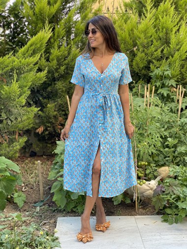 Mavi Çiçek Önü Düğmeli Kuşaklı  Kadın Elbise