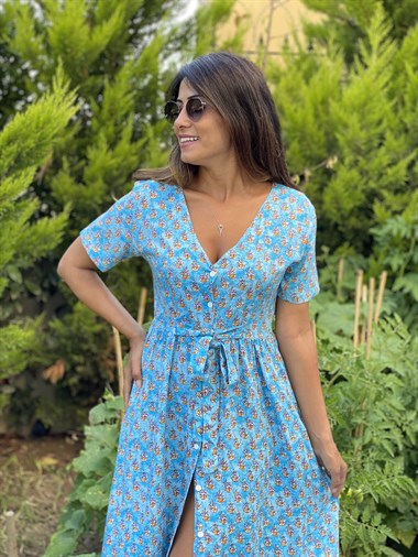 Mavi Çiçek Önü Düğmeli Kuşaklı  Kadın Elbise