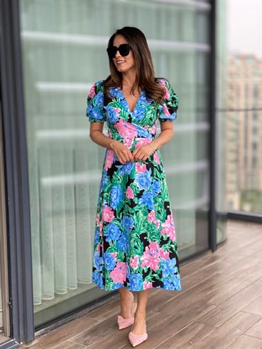 Mavi Çiçekli Bağlama Detay Kruvaze Viskon Elbise