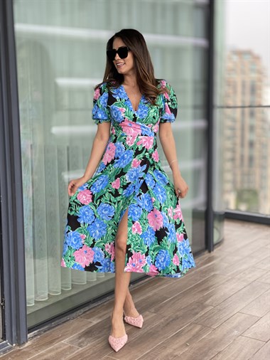 Mavi Çiçekli Bağlama Detay Kruvaze Viskon Elbise