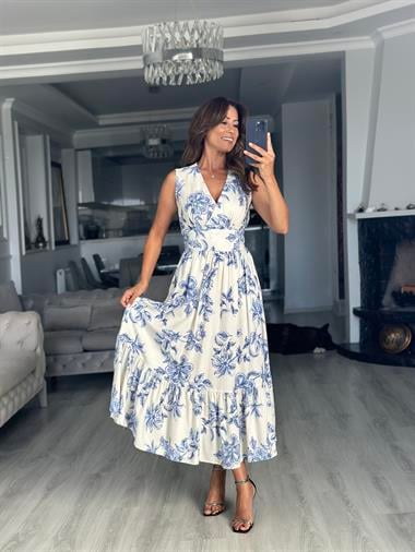 Mavi Çiçekli Kruvaze Yaka Beli Bağlama Detay Midi Boy Kadın Elbise