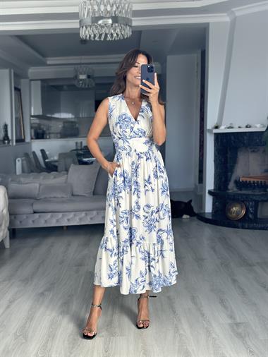 Mavi Çiçekli Kruvaze Yaka Beli Bağlama Detay Midi Boy Kadın Elbise