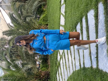 Mavi Çift Pilili Kemerli Keten Kadın Şort