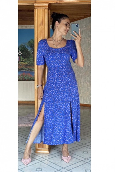 Mavi Çift Yırtmaç  Çıtır Elbise