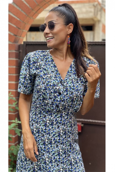 Mavi Çıtır V Yaka Midi Boy Elbise