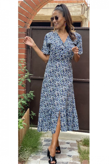 Mavi Çıtır V Yaka Midi Boy Elbise