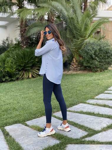 Mavi Çizgili Gofre Kadın Gömlek